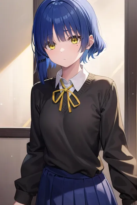 ryouyamada, <lyco:ryouyamada-lyco-nochekaiser:1>, 
ryou yamada, blue hair, eyes visible through hair, mole, mole under eye, short hair, (yellow eyes:1.5), hairclips,
BREAK black pantyhose, black ribbon, blue skirt, brown footwear, loafers, long sleeves, pantyhose, ribbon, school uniform, shimokitazawa high school uniform, shirt, shoes, skirt, white shirt,
BREAK indoors, classroom,
BREAK looking at viewer, (cowboy shot:1.5),
BREAK <lyco:GoodHands-beta2:1>, (masterpiece:1.2), best quality, high resolution, unity 8k wallpaper, (illustration:0.8), (beautiful detailed eyes:1.6), extremely detailed face, perfect lighting, extremely detailed CG, (perfect hands, perfect anatomy),