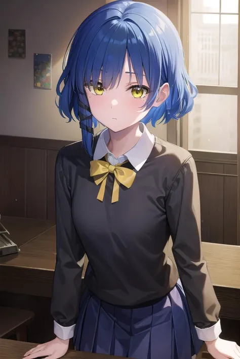 ryouyamada, <lyco:ryouyamada-lyco-nochekaiser:1>, 
ryou yamada, blue hair, eyes visible through hair, mole, mole under eye, short hair, (yellow eyes:1.5), hairclips,
BREAK black pantyhose, black ribbon, blue skirt, brown footwear, loafers, long sleeves, pantyhose, ribbon, school uniform, shimokitazawa high school uniform, shirt, shoes, skirt, white shirt,
BREAK indoors, classroom,
BREAK looking at viewer, (cowboy shot:1.5),
BREAK <lyco:GoodHands-beta2:1>, (masterpiece:1.2), best quality, high resolution, unity 8k wallpaper, (illustration:0.8), (beautiful detailed eyes:1.6), extremely detailed face, perfect lighting, extremely detailed CG, (perfect hands, perfect anatomy),