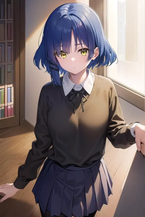 ryouyamada, <lyco:ryouyamada-lyco-nochekaiser:1>, 
ryou yamada, blue hair, eyes visible through hair, mole, mole under eye, short hair, (yellow eyes:1.5), hairclips,
BREAK black pantyhose, black ribbon, blue skirt, brown footwear, loafers, long sleeves, pantyhose, ribbon, school uniform, shimokitazawa high school uniform, shirt, shoes, skirt, white shirt,
BREAK indoors, classroom,
BREAK looking at viewer, (cowboy shot:1.5),
BREAK <lyco:GoodHands-beta2:1>, (masterpiece:1.2), best quality, high resolution, unity 8k wallpaper, (illustration:0.8), (beautiful detailed eyes:1.6), extremely detailed face, perfect lighting, extremely detailed CG, (perfect hands, perfect anatomy),