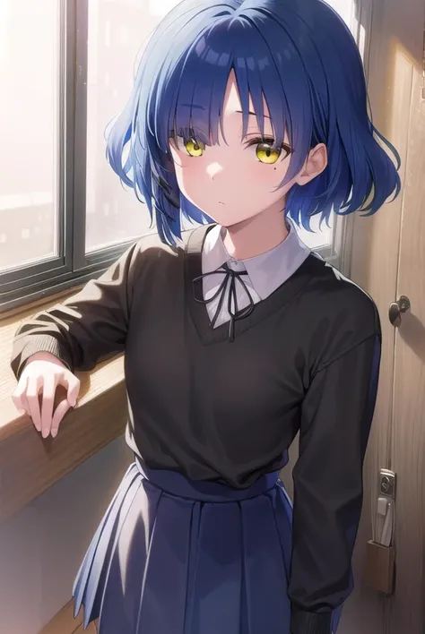 ryouyamada, <lyco:ryouyamada-lyco-nochekaiser:1>, 
ryou yamada, blue hair, eyes visible through hair, mole, mole under eye, short hair, (yellow eyes:1.5), hairclips,
BREAK black pantyhose, black ribbon, blue skirt, brown footwear, loafers, long sleeves, pantyhose, ribbon, school uniform, shimokitazawa high school uniform, shirt, shoes, skirt, white shirt,
BREAK indoors, classroom,
BREAK looking at viewer, (cowboy shot:1.5),
BREAK <lyco:GoodHands-beta2:1>, (masterpiece:1.2), best quality, high resolution, unity 8k wallpaper, (illustration:0.8), (beautiful detailed eyes:1.6), extremely detailed face, perfect lighting, extremely detailed CG, (perfect hands, perfect anatomy),