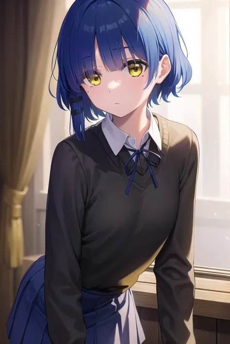 ryouyamada, <lyco:ryouyamada-lyco-nochekaiser:1>, 
ryou yamada, blue hair, eyes visible through hair, mole, mole under eye, short hair, (yellow eyes:1.5), hairclips,
BREAK black pantyhose, black ribbon, blue skirt, brown footwear, loafers, long sleeves, pantyhose, ribbon, school uniform, shimokitazawa high school uniform, shirt, shoes, skirt, white shirt,
BREAK indoors, classroom,
BREAK looking at viewer, (cowboy shot:1.5),
BREAK <lyco:GoodHands-beta2:1>, (masterpiece:1.2), best quality, high resolution, unity 8k wallpaper, (illustration:0.8), (beautiful detailed eyes:1.6), extremely detailed face, perfect lighting, extremely detailed CG, (perfect hands, perfect anatomy),