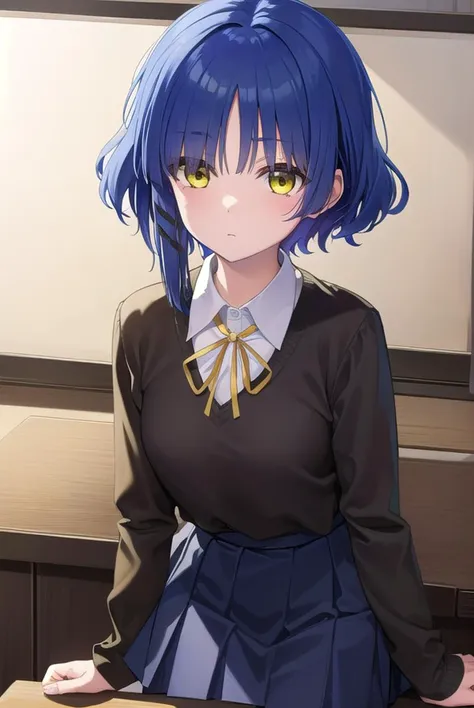 ryouyamada, <lyco:ryouyamada-lyco-nochekaiser:1>, 
ryou yamada, blue hair, eyes visible through hair, mole, mole under eye, short hair, (yellow eyes:1.5), hairclips,
BREAK black pantyhose, black ribbon, blue skirt, brown footwear, loafers, long sleeves, pantyhose, ribbon, school uniform, shimokitazawa high school uniform, shirt, shoes, skirt, white shirt,
BREAK indoors, classroom,
BREAK looking at viewer, (cowboy shot:1.5),
BREAK <lyco:GoodHands-beta2:1>, (masterpiece:1.2), best quality, high resolution, unity 8k wallpaper, (illustration:0.8), (beautiful detailed eyes:1.6), extremely detailed face, perfect lighting, extremely detailed CG, (perfect hands, perfect anatomy),