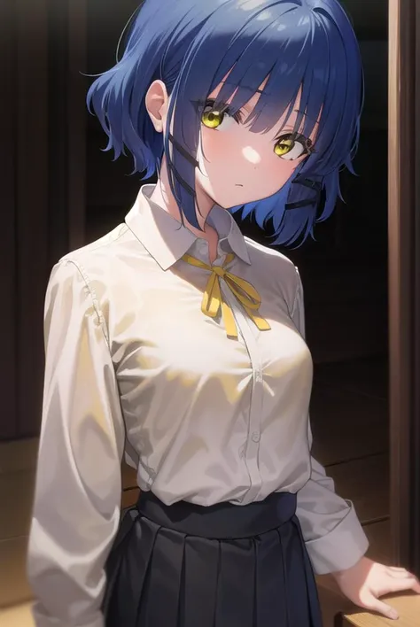 ryouyamada, <lyco:ryouyamada-lyco-nochekaiser:1>, 
ryou yamada, blue hair, eyes visible through hair, mole, mole under eye, short hair, (yellow eyes:1.5), hairclips,
BREAK black pantyhose, black ribbon, blue skirt, brown footwear, loafers, long sleeves, pantyhose, ribbon, school uniform, shimokitazawa high school uniform, shirt, shoes, skirt, white shirt,
BREAK indoors, classroom,
BREAK looking at viewer, (cowboy shot:1.5),
BREAK <lyco:GoodHands-beta2:1>, (masterpiece:1.2), best quality, high resolution, unity 8k wallpaper, (illustration:0.8), (beautiful detailed eyes:1.6), extremely detailed face, perfect lighting, extremely detailed CG, (perfect hands, perfect anatomy),