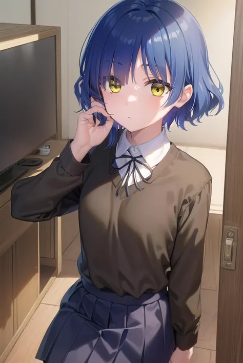 ryouyamada, <lyco:ryouyamada-lyco-nochekaiser:1>, 
ryou yamada, blue hair, eyes visible through hair, mole, mole under eye, short hair, (yellow eyes:1.5), hairclips,
BREAK black pantyhose, black ribbon, blue skirt, brown footwear, loafers, long sleeves, pantyhose, ribbon, school uniform, shimokitazawa high school uniform, shirt, shoes, skirt, white shirt,
BREAK indoors, classroom,
BREAK looking at viewer, (cowboy shot:1.5),
BREAK <lyco:GoodHands-beta2:1>, (masterpiece:1.2), best quality, high resolution, unity 8k wallpaper, (illustration:0.8), (beautiful detailed eyes:1.6), extremely detailed face, perfect lighting, extremely detailed CG, (perfect hands, perfect anatomy),