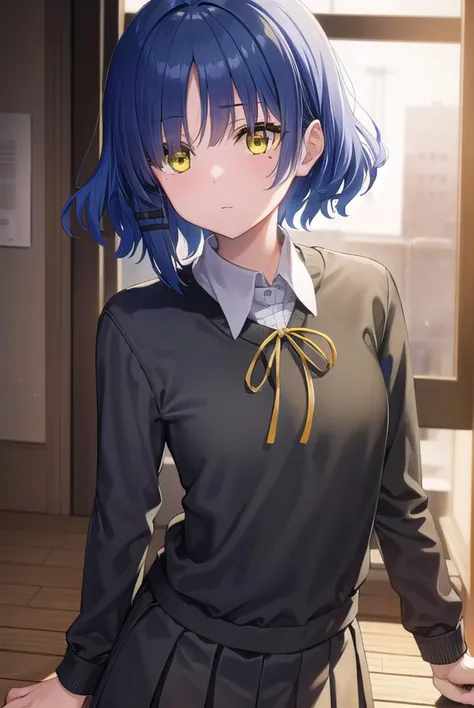 ryouyamada, <lyco:ryouyamada-lyco-nochekaiser:1>, 
ryou yamada, blue hair, eyes visible through hair, mole, mole under eye, short hair, (yellow eyes:1.5), hairclips,
BREAK black pantyhose, black ribbon, blue skirt, brown footwear, loafers, long sleeves, pantyhose, ribbon, school uniform, shimokitazawa high school uniform, shirt, shoes, skirt, white shirt,
BREAK indoors, classroom,
BREAK looking at viewer, (cowboy shot:1.5),
BREAK <lyco:GoodHands-beta2:1>, (masterpiece:1.2), best quality, high resolution, unity 8k wallpaper, (illustration:0.8), (beautiful detailed eyes:1.6), extremely detailed face, perfect lighting, extremely detailed CG, (perfect hands, perfect anatomy),