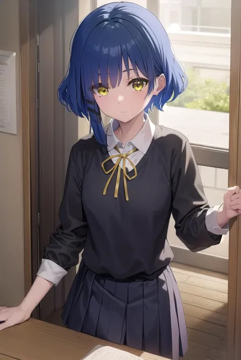 ryouyamada, <lyco:ryouyamada-lyco-nochekaiser:1>, 
ryou yamada, blue hair, eyes visible through hair, mole, mole under eye, short hair, (yellow eyes:1.5), hairclips,
BREAK black pantyhose, black ribbon, blue skirt, brown footwear, loafers, long sleeves, pantyhose, ribbon, school uniform, shimokitazawa high school uniform, shirt, shoes, skirt, white shirt,
BREAK indoors, classroom,
BREAK looking at viewer, (cowboy shot:1.5),
BREAK <lyco:GoodHands-beta2:1>, (masterpiece:1.2), best quality, high resolution, unity 8k wallpaper, (illustration:0.8), (beautiful detailed eyes:1.6), extremely detailed face, perfect lighting, extremely detailed CG, (perfect hands, perfect anatomy),