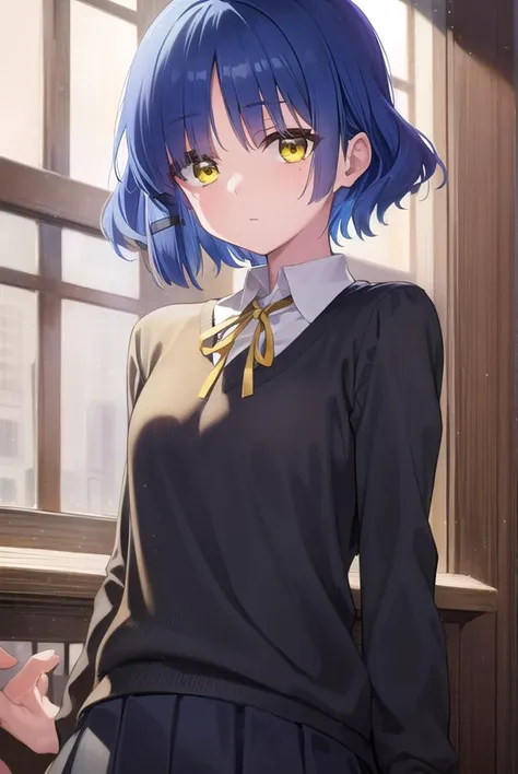 ryouyamada, <lyco:ryouyamada-lyco-nochekaiser:1>, 
ryou yamada, blue hair, eyes visible through hair, mole, mole under eye, short hair, (yellow eyes:1.5), hairclips,
BREAK black pantyhose, black ribbon, blue skirt, brown footwear, loafers, long sleeves, pantyhose, ribbon, school uniform, shimokitazawa high school uniform, shirt, shoes, skirt, white shirt,
BREAK indoors, classroom,
BREAK looking at viewer, (cowboy shot:1.5),
BREAK <lyco:GoodHands-beta2:1>, (masterpiece:1.2), best quality, high resolution, unity 8k wallpaper, (illustration:0.8), (beautiful detailed eyes:1.6), extremely detailed face, perfect lighting, extremely detailed CG, (perfect hands, perfect anatomy),