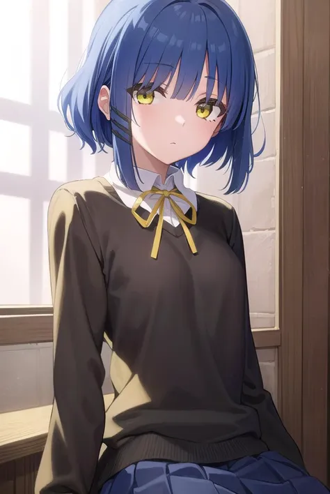 ryouyamada, <lyco:ryouyamada-lyco-nochekaiser:1>, 
ryou yamada, blue hair, eyes visible through hair, mole, mole under eye, short hair, (yellow eyes:1.5), hairclips,
BREAK black pantyhose, black ribbon, blue skirt, brown footwear, loafers, long sleeves, pantyhose, ribbon, school uniform, shimokitazawa high school uniform, shirt, shoes, skirt, white shirt,
BREAK indoors, classroom,
BREAK looking at viewer, (cowboy shot:1.5),
BREAK <lyco:GoodHands-beta2:1>, (masterpiece:1.2), best quality, high resolution, unity 8k wallpaper, (illustration:0.8), (beautiful detailed eyes:1.6), extremely detailed face, perfect lighting, extremely detailed CG, (perfect hands, perfect anatomy),