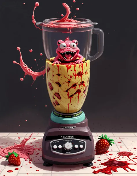 Liquified Carbuncle, horror creature stuck in food processor, HR Geiger but kawaii, strawberry, banana, peaches, water splashes, liquid splatter, ink splotches, ultra sharp, masterpiece, official art, horror scene, specular highlights, kitchen scene, graphic advertisement in a magazine, WATCH MY 9MM BLADES GO BANG, WA DA DA DANG WA DA DA DA DA DANG!, joe cartoon style, frog in a blender, <lora:CarbieBlenderXL:0.8>