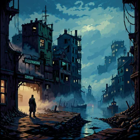 A solitary figure standing at the edge of Innsmouth's decaying harbor at dusk, observing as the fog begins to roll in, obscuring the dilapidated buildings and the dark waters beyond.