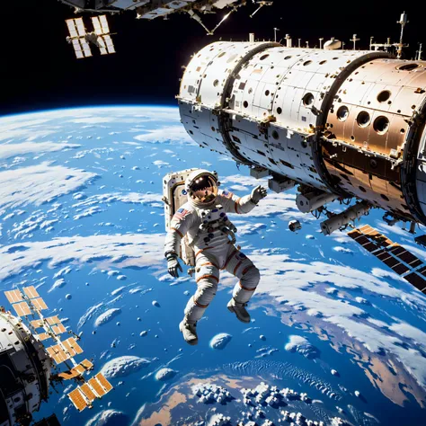 A lone astronaut repairing a damaged space station module, floating against the vast backdrop of the Earth below, tools spread out in zero gravity around them.