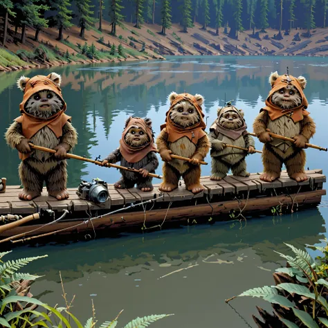 a close up view of a group of ewks fishing beside a lake, ewoks,