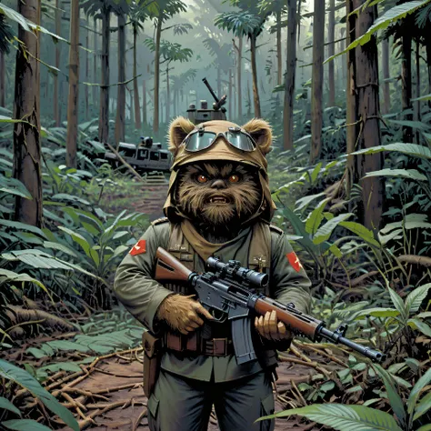 cockpit view of an ewk holding a rifle in the vietnamese jungle, animal focus, ewok, military uniform,