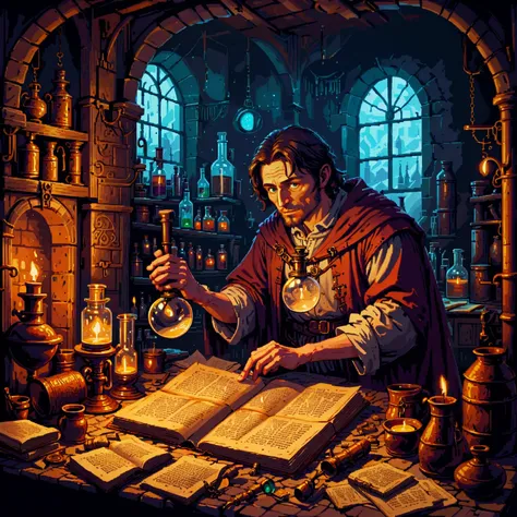 A medieval alchemist in a cluttered, candle-lit laboratory, poring over ancient texts with a magnifying glass, surrounded by bubbling potions and mystical artifacts.