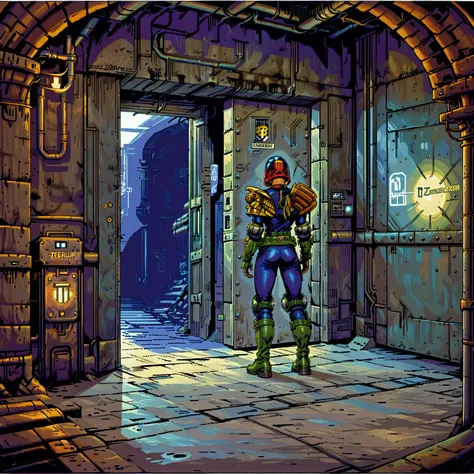 1girl, judge anderson crouching outside a steel door in a basement, in armor and uniform, wearing a helmet, jdgdrddcom, cyberpunk, comic, dank, dark, utility tunnel, utility light, mercury light