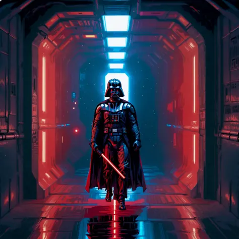 darth vader in a dark starship corridor lit by his red lightsaber,