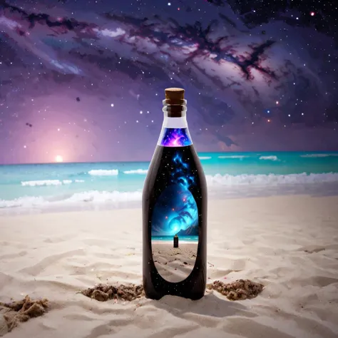 a bottle on a beach with a galaxy inside it