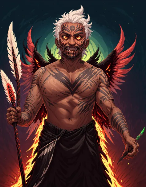 AotearoaMatariki, solo, maori, pasifika, 1boy, white hair, male focus, tan skin, dark skinned male, facial hair, beard, facial tattoo, hair feather, moko, tatoo, holding, upper body, staff, holding weapon, old, old man, demon wings, glowing, magic, evil grin, 4 point perspective, vantage point, embers, <lora:MatarikiAotearoaXL:0.8>