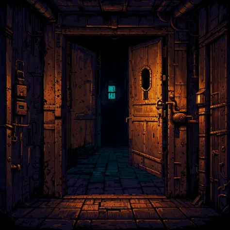 A close view of a rusted, locked door in the Innsmouth refinery, behind which muffled, unidentifiable sounds echo, suggesting movement in the pitch-black darkness beyond.