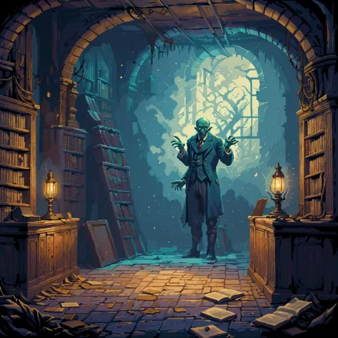 A tense moment in the Innsmouth library, where ancient tomes reveal forbidden knowledge, and the air is thick with dust and the sense of being watched.