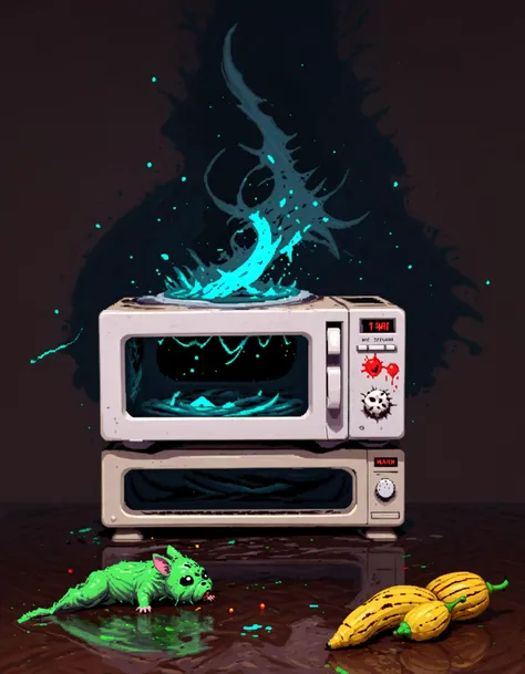 Liquified Carbuncle, horror creature stuck in microwave, HR Geiger but kawaii, limes, banana, peaches, water splashes, liquid splatter, blue liquid, green liquid, ink splotches, ultra sharp, masterpiece, official art, horror scene, specular highlights, kitchen scene, graphic advertisement in a magazine, WATCH MY 9MM BLADES GO BANG, WA DA DA DANG WA DA DA DA DA DANG!, joe cartoon style, hamster in a microwave, liminal horror space 16 bit video game from 1995, <lora:CarbieBlenderXL:0.8>