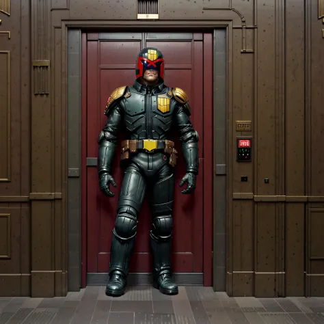 Dredd waiting for an elevator in a 1920s hotel, jdgdrdd,