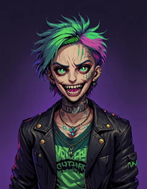 reshadexl, green theme, 1boy, male focus, male_focus, solo, heterochromia, gradient_hair, multicolored_hair, dirty_face, scars, short_hair, fluffy_hair, jewelry, open_clothes, jacket, necklace, open_jacket, jacket, shirt, crop_top, tattoo, pendant, leather, leather_jacket, looking_at_viewer, wide_grin, open_mouth, neon lighting, side lighting, studio, duochrome, duotone , <lora:ReShadeSDXL:0.8>