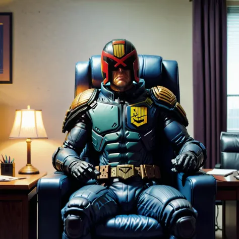 Dredd scowling at his latest electricity bill, jdgdrdd, office, arm chair, bill, lamp, home office,