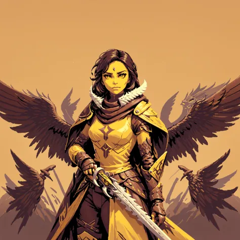 reshadexl, 1girl, solo, yellow theme, duotone, looking at viewer, brown eyes, weapon, cowboy shot, wings, sword, hood, armor, gauntlets, feathered wings,<lora:ReShadeSDXL:0.8>