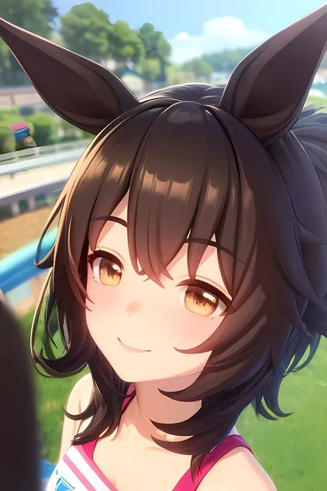 brown eyes,smile,pov,black hair,medium hair,looking away,bg,, <lora:umms:1>umms,(horse ears, horse girl,:1.2) (horse tail,:1.3) , 3d