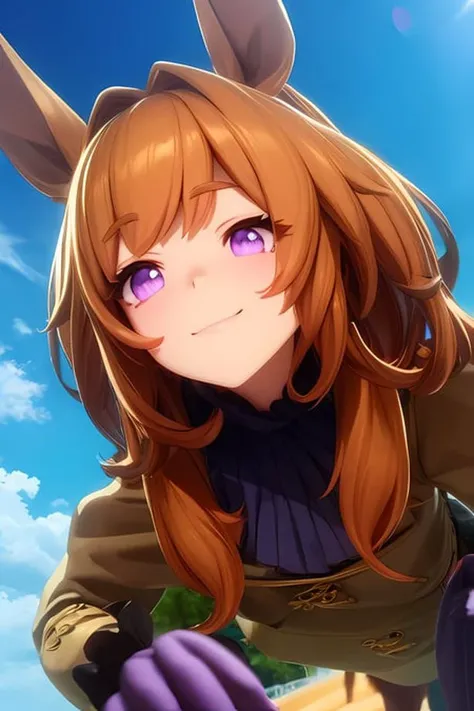 purple eyes,evil_smile,from below,orange hair,two side up,looking away,, <lora:umms:1>umms,(horse ears, horse girl,:1.2) (horse tail,:1.3) , 3d