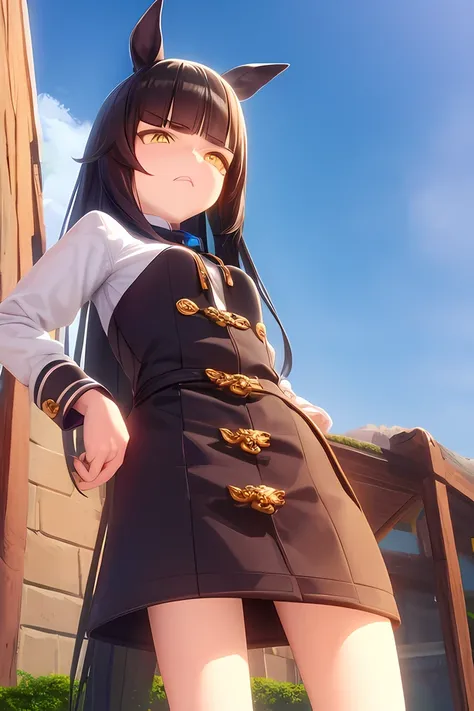 yellow eyes,annoyed,from below,black hair,blunt bangs,looking afar,bg,, <lora:umms:1>umms,(horse ears, horse girl,:1.2) (horse tail,:1.3) , 3d