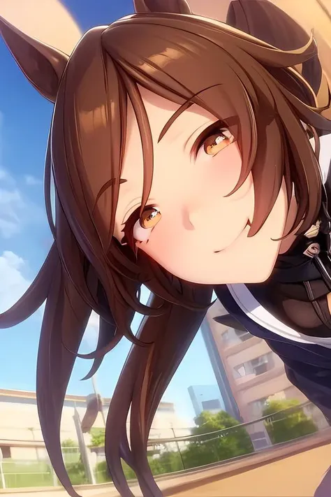 brown eyes,evil_smile,from below,from side,brown hair,ponytail,looking up,bg,, <lora:umms:1>umms,(horse ears, horse girl,:1.2) (horse tail,:1.3) , 3d