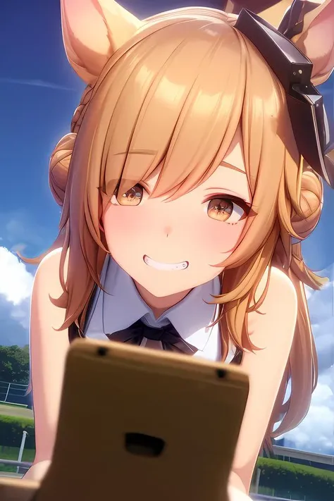 brown eyes,grin,pov,blonde hair,hair bun,looking at viewer,bg,, <lora:umms:1>umms,(horse ears, horse girl,:1.2) (horse tail,:1.3) , 3d
