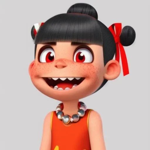 freckles,teeth, blunt bangs, necklace, hair bun, double bun,hair ribbon,necklace,red hair ribbon,forehead mark,dress,chinese clothes,short hair,black hair,sleeveless <lora:getainezha:1>,round head,cartoon character