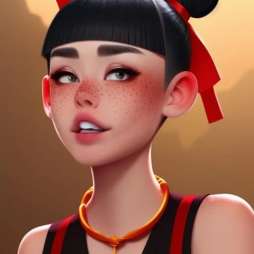 freckles,teeth, blunt bangs, necklace, hair bun, double bun,hair ribbon,necklace,red hair ribbon,forehead mark,dress,chinese clothes,short hair,black hair,sleeveless ,round head<lora:getainezha:1>