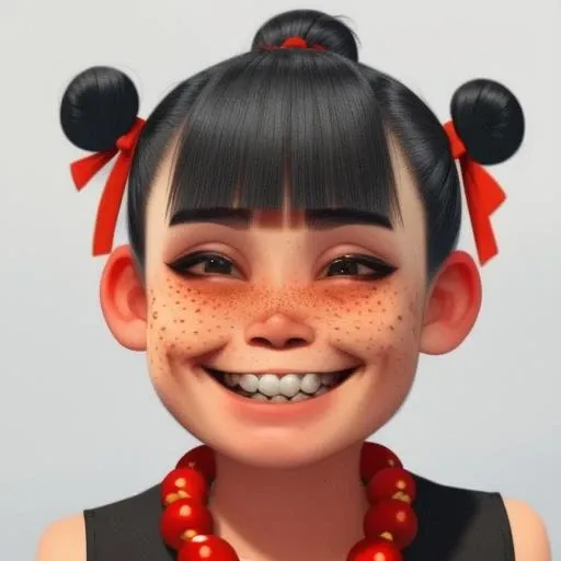 freckles,teeth, blunt bangs, necklace, hair bun, double bun,hair ribbon,necklace,red hair ribbon,forehead mark,dress,chinese clothes,short hair,black hair,sleeveless <lora:getainezha:1>,