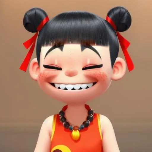 freckles,teeth, blunt bangs, necklace, hair bun, double bun,hair ribbon,necklace,red hair ribbon,forehead mark,dress,chinese clothes,short hair,black hair,sleeveless <lora:getainezha:1>,round head,cartoon character