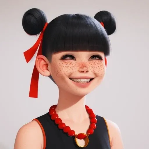 freckles,teeth, blunt bangs, necklace, hair bun, double bun,hair ribbon,necklace,red hair ribbon,forehead mark,dress,chinese clothes,short hair,black hair,sleeveless <lora:getainezha:1>,round head