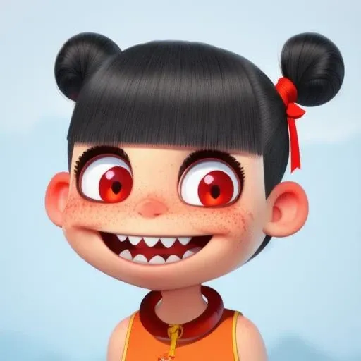 freckles,teeth, blunt bangs, necklace, hair bun, double bun,hair ribbon,necklace,red hair ribbon,forehead mark,dress,chinese clothes,short hair,black hair,sleeveless <lora:getainezha:1>,round head,cartoon character