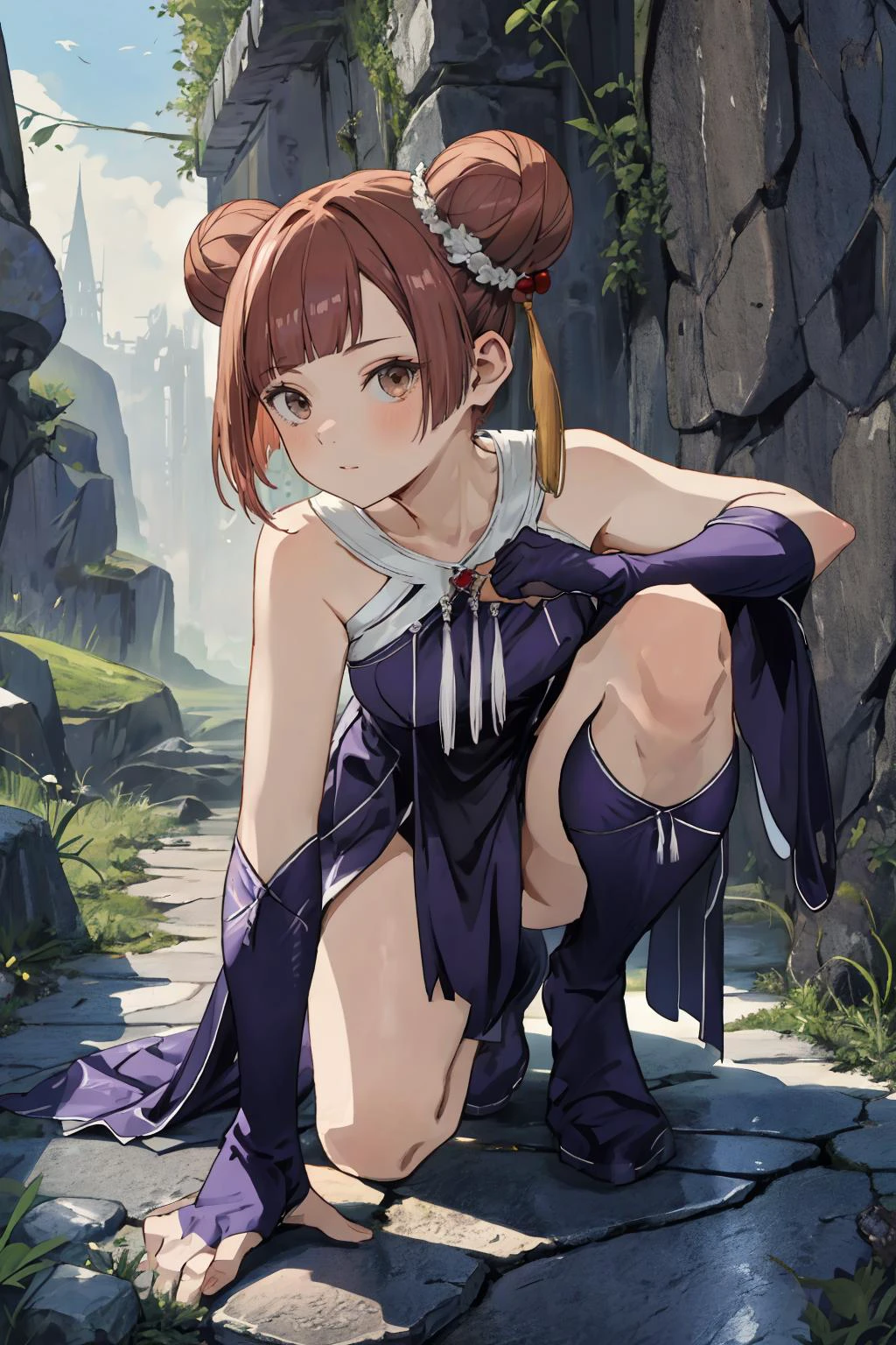 masterpiece, laufen,short hair,double bun, blunt bangs, hair ornament,brown eyes, ribbon, elbow gloves, purple gloves, fingerless gloves, boots, knee boots,
naked dress, kneeling on floor, looking at viewer,,stone floor, stone walls, dungeon, upper body,
<lora:laufen:0.9>