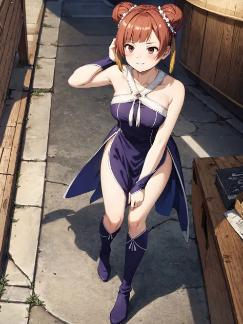 Upskirt ,realistic white lace panties,Beautiful legs,Laufen,short hair,double good,dull bangs,hair ornaments,bown eyes,bare shoulders,halter neck,ribbon,dress,PURPLE dress,No sleeve,elbow bag,purple gloves,fingerless gloves,boots,KNEE boots, 1 girl, smile,,masterpiece ,8k unity wallpaper,detailed eyes,detailed face,detailed skin,anime key visual, ,highest quality, High resolution, unity 8k wallpaper, (figure:0.8), (detailed and beautiful eyes:1.6), highly detailed face, perfect lighting, Highly detailed CG, (perfect hands, perfect anatomy),masterpiece,High resolution,perfect anatomy,anime key visual,Kyoto animation,(detailed and beautiful eyes,glowing eyes,detailed hair,detailed skin,detailed wear ),highest quality,unity 8k wallpaper,super dense skin,white skin,best quality,blurry_background