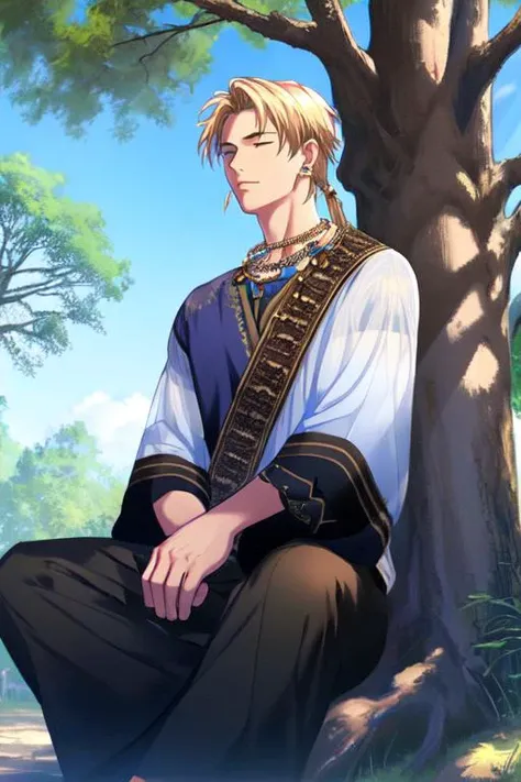 (masterpiece),(best_quality),1boy,Shaka,blond hair,jewelry,collarbone,indian clothes,see-through,blue shirt,single wide sleeve,black skirt,under tree,meditation,<lora:Shaka:1>,