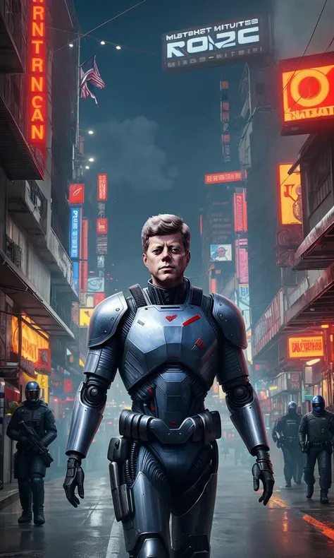 jfk2024, 1man, photorealistic, best quality, masterpiece, dressed as robocop, cyberpunk, armor, techno, tactical, cyberpunk city
