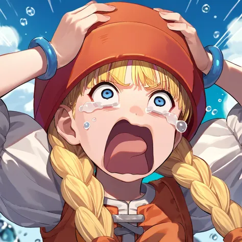 score_9, score_8_up, score_7_up, rating_safe, source_anime, dragon_quest_xi, on model, hands on head, solo, 1girl, veronica, aquascreaming, screaming, open mouth, crying with eyes open, hat, blonde hair, bangs, twin braids, blue eyes, puffy sleeves <lora:DQ11_Veronica_dragon_quest:1> <lora:concept_aquascreaming_ponyXL:1>