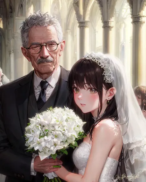 ((highest quality)), ((masterpiece)), (be familiar with), perfect face、perfect proportions
（Blonde wife、Blue-eyed wife、semi-long）、Engagement Rings、９０Old man and wedding、９０Getting along with the old man