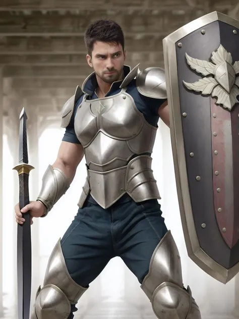 1boy, muscled, realistic, <lora:Julio Rocha:0.85>, Warrior, in warrior clothes, armor, holding a sword, holding a shield, fighting, battle pose