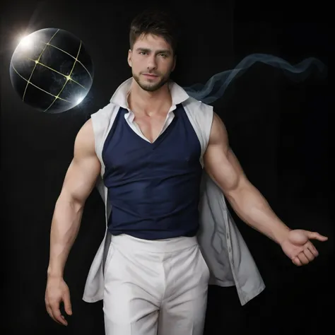 1boy, muscled, realistic,  <lora:Julio Rocha:1>, dressed as a wizard, holding a glowing orb, magic in the air
