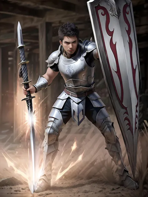 1boy, muscled, anime, <lora:Julio Rocha:0.85>, Warrior, in warrior clothes, armor, holding a sword, holding a shield, fighting, battle pose