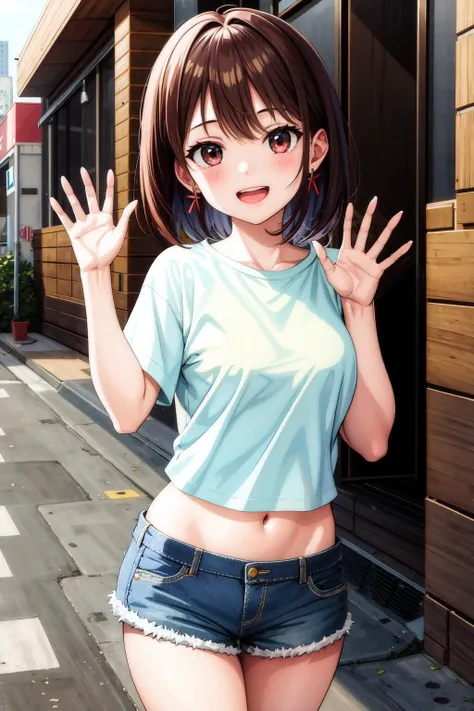 (((masterpiece, best quality, highres))), 1 girl, solo, chestnut razor cut, laughing, waving, cropped shirt, short shorts, looking at viewer, street,
<lora:add_detail:0.4>,